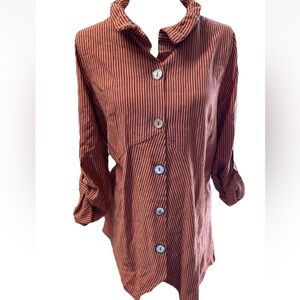 Soft Surroundings Women L Orange Striped Shirt Button Down Sasha Top Roll Tab